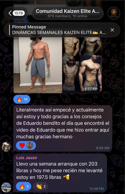 Captura real de fotos de progreso y mensajes de agradecimiento en Telegram
