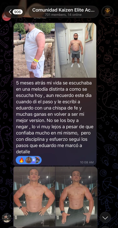 Captura original de Telegram: un miembro comparte sus fotos y su experiencia tras cinco meses siguiendo los pasos de Eduardo